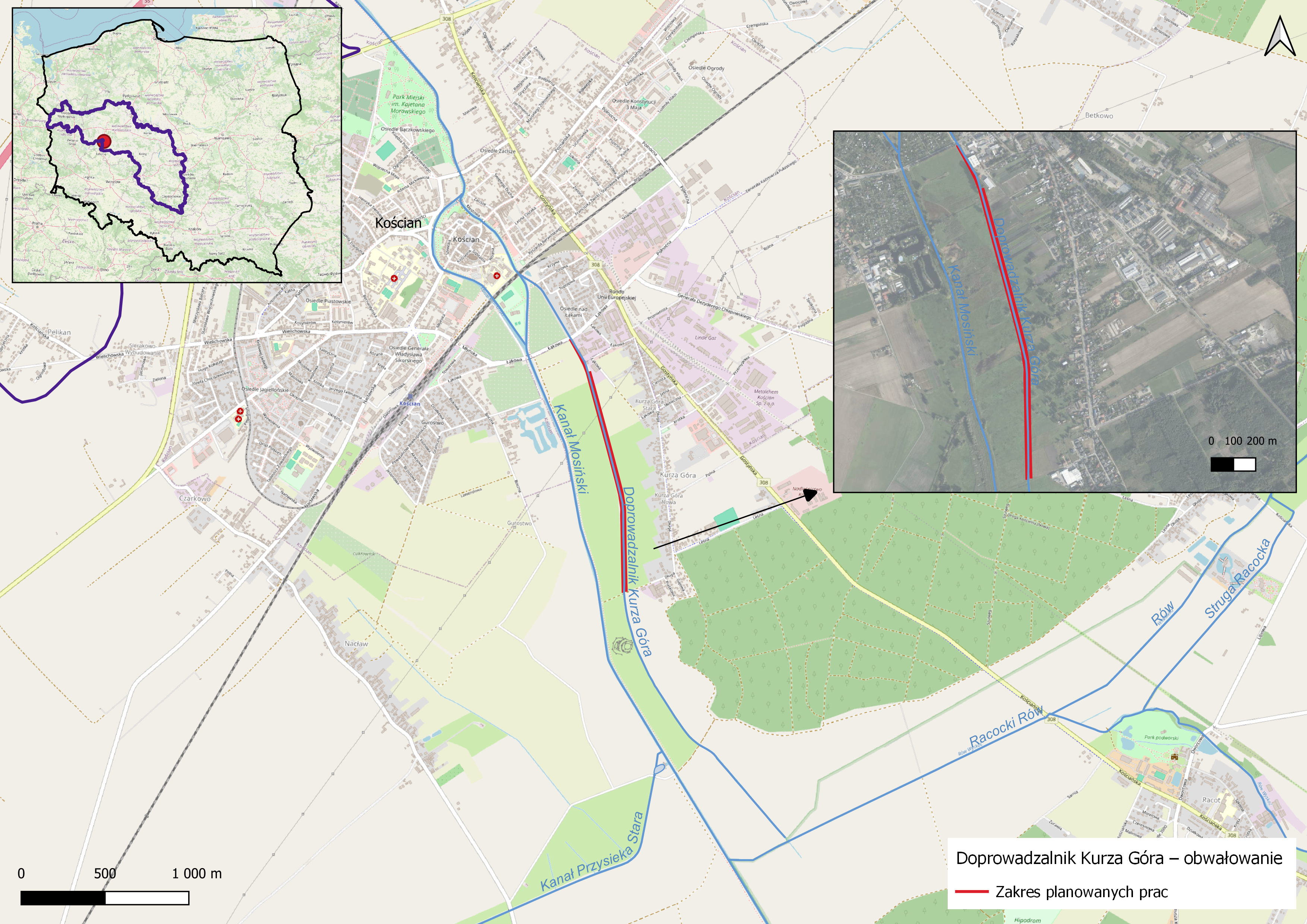 Doprowadzalnik Kurza Góra. Mapa inwestycji. Źródło: Wody Polskie w Poznaniu